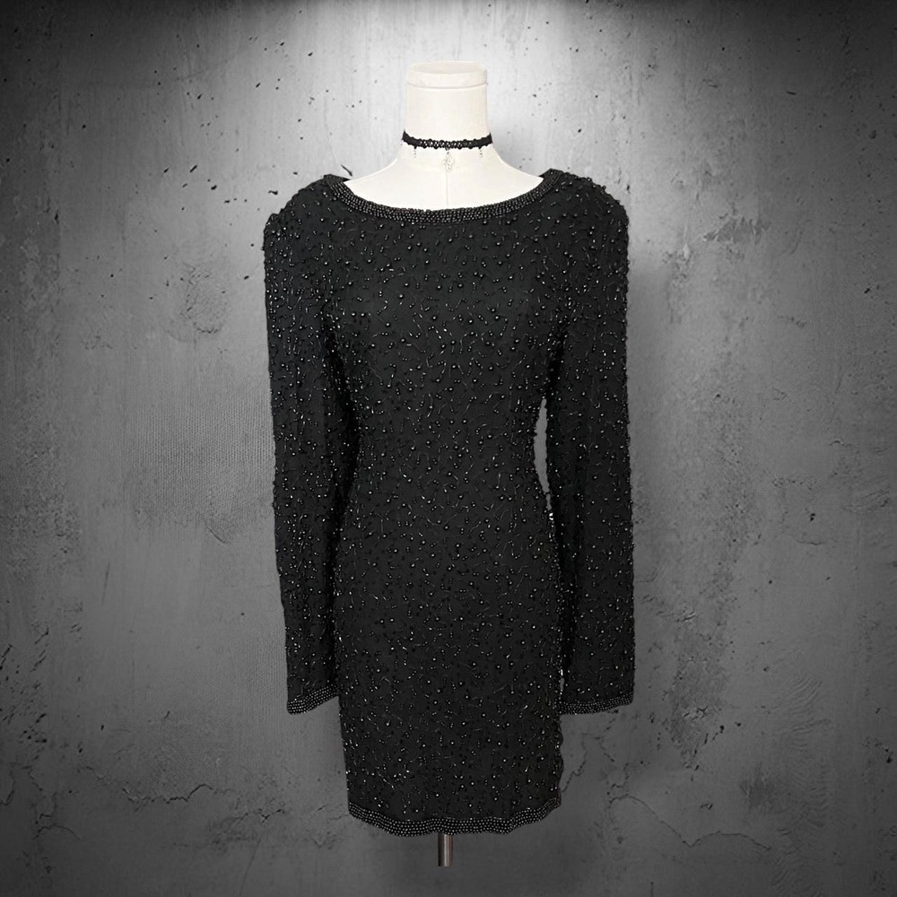 Vintage Papell Boutique Evening Beaded Silk Tunic Top L Black Designer Glam Goth